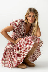 Tony Gingham Baby Doll Dress in Burgundy