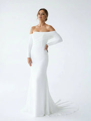 Simple White Boho Mermaid Long Wedding Dress with Sleeves