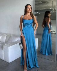 A Line Cowl Neck Blue Silk Satin Bridesmaid Dresses with Slit