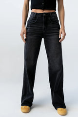 Jade Cuffed Wide Leg Jeans in Black