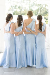 Light Blue One Shoulder Satin Sheath Long Bridesmaid Dresses