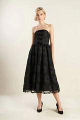 CONFIDENCE GAME BLACK LACE MIDI DRESS