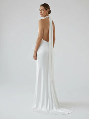 Sheath Satin Backless Halter Wedding Dress