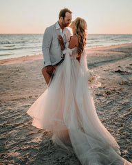 Fairy Off the Shoulder Tulle Wedding Dresses with Slit