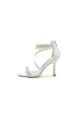 Square Open Toe Pearl Satin Stiletto Heels