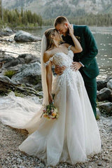 A Line Off the Shoulder Appliques Long Wedding Dresses Bridal Gown