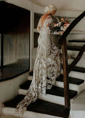 Lace Appliques Long Sleeves Mermaid Long Wedding Dresses