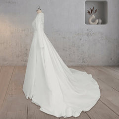 A Line White Long Sleeves Appliqued Wedding Dresses with Train