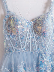 Blue Crystal Sequins Princess A Line Off the Shoulder Prom Dress with Lace Ruffles