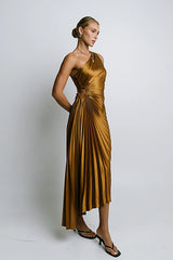 Asymmetrical Pleated Maxi Dress in Gold
