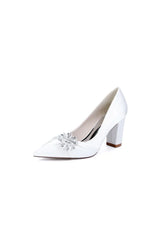 Black Satin High Heels with a Crystal Flower Accent