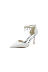 Elegant White Ankle Strap Pearl Beaded Wedding Shoes