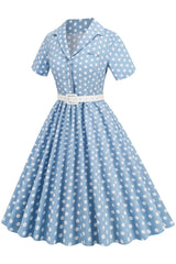 Hepburn Style V Neck Blue Polka Dots 1950s Dress