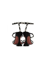 Black Ankle Straps Open Toe Chunky Heels with Flower Rhinestones