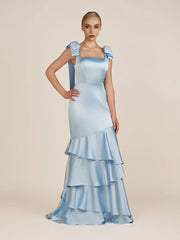 Light Blue Straps with Bows Mermaid Satin Tiered Long Bridesmaid Dress