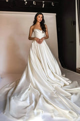 Elegant A Line Sweetheart White Long Bridal Dress with Sweep Train