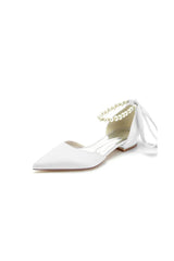 Pearl Ribbon Pointed Toe Ankle Strap Kitten Heels
