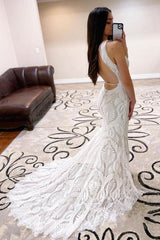 Mermaid Lace Wedding Dress open Back Bridal Dress With Court Train