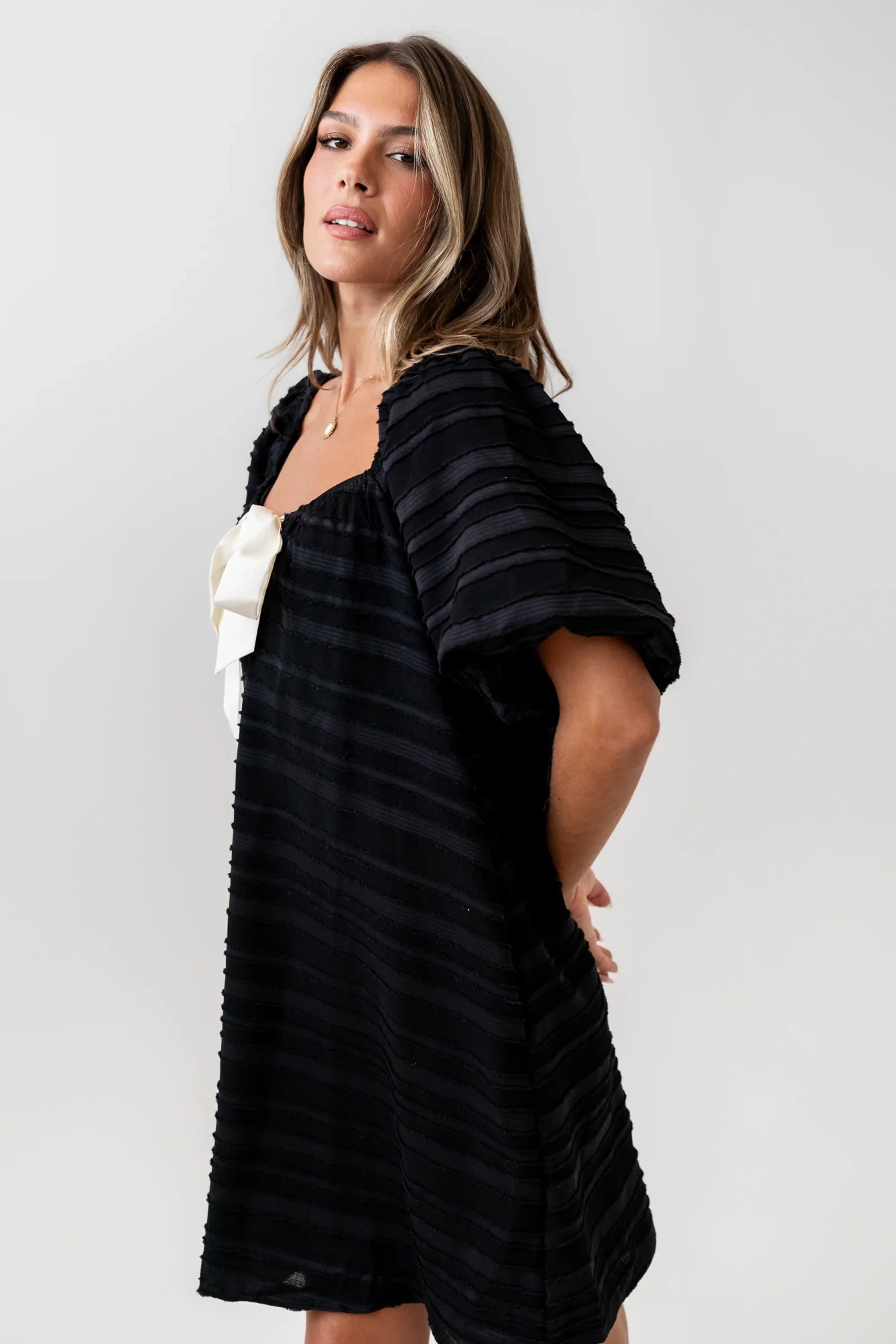 Minnie Textured Baby Doll Dress in Black