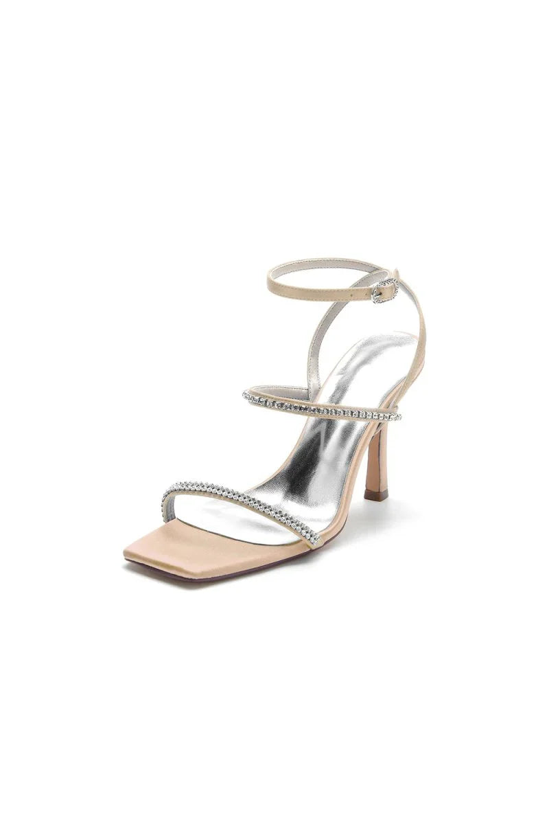 Crystal Cross Straps Square Open Toe Chunky Heels