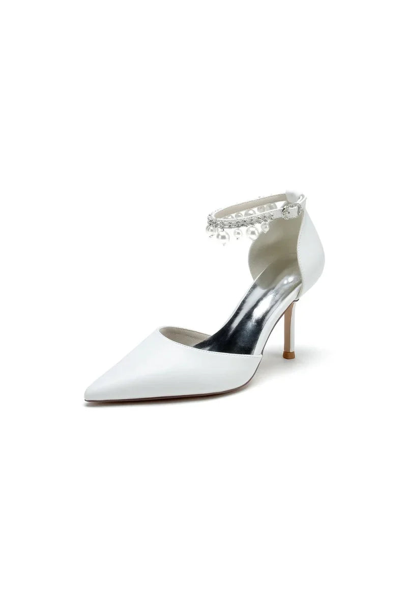 Satin Pointed Toe Pearl Beaded Ankle Strap Simple Wedding Shoes