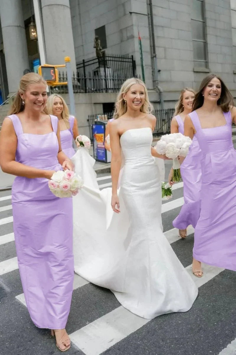 Pink Straps Sheath Square Neck Satin Sleeveless Long Bridesmaid Dress