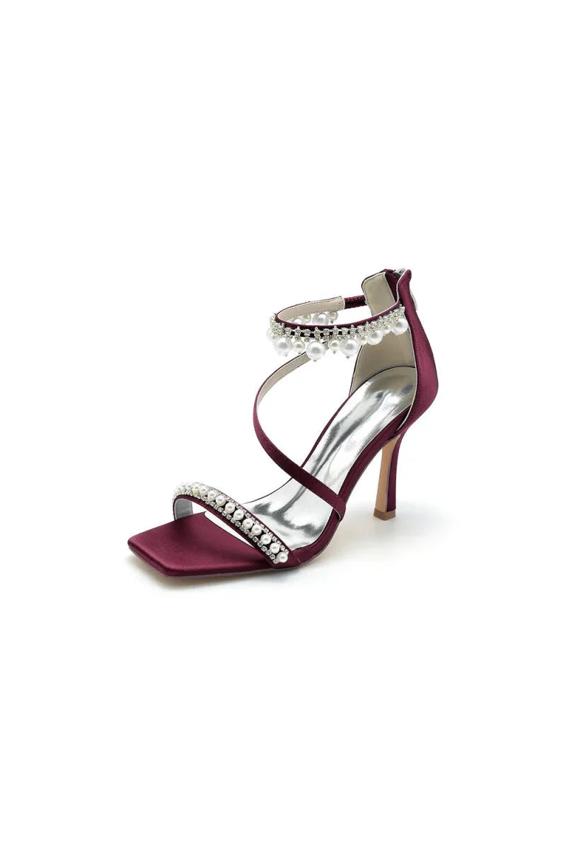 Square Open Toe Pearl Satin Stiletto Heels