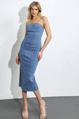 DIVINE DREAM STRAPLESS DENIM MIDI DRESS