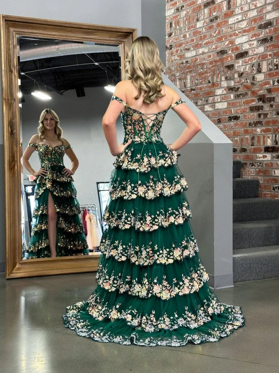 Green Princess A Line Off the Shoulder Corset Prom Dress with Lace Ruffles