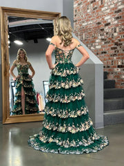 Green Princess A Line Off the Shoulder Corset Prom Dress with Lace Ruffles
