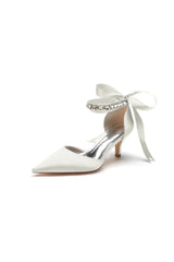 Pointed Toe Ribbons Kitten Heels With Diamond