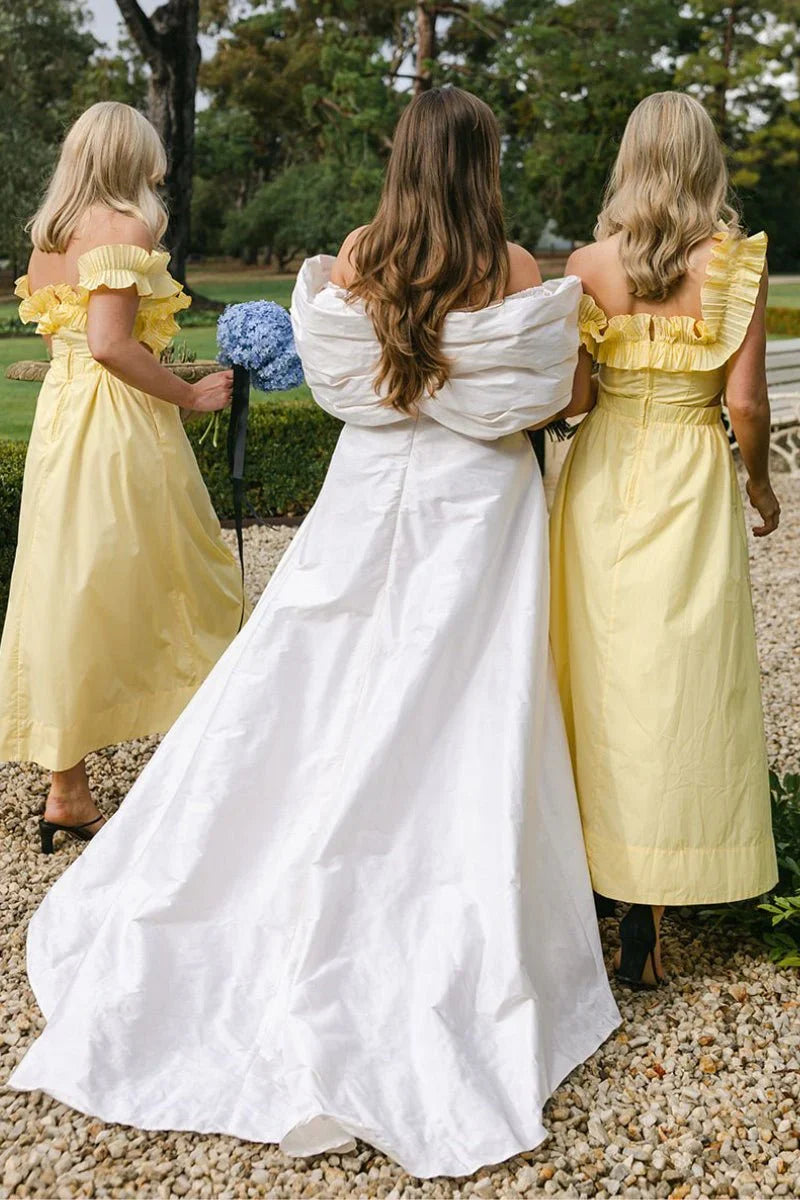 Yellow Off the Shoulder Ruffle Cotton Ankle Length Bridesmaid Dresses