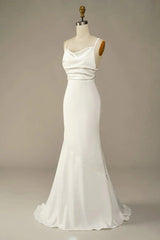 Simple Spaghetti Straps Long Soft Satin Ivory Mermaid Beach Wedding Dresses