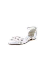 Ankle Strap Pointed Toe Low Heels with Rhinestone Flower