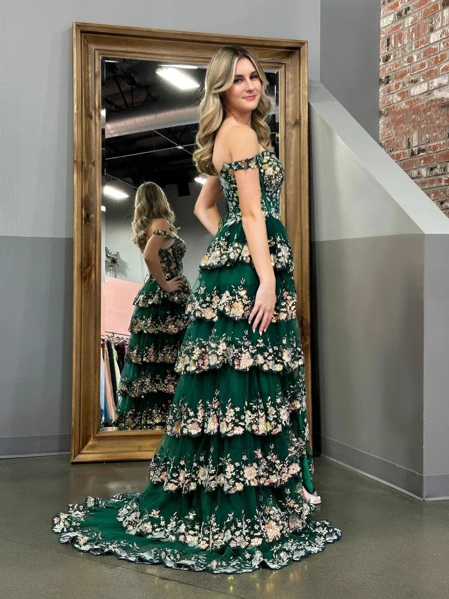 Green Crystal Sequins Princess A Line Off the Shoulder Prom Dress with Lace Ruffles