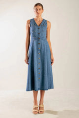 THE JOURNEY BEGINS BLUE DENIM MIDI DRESS