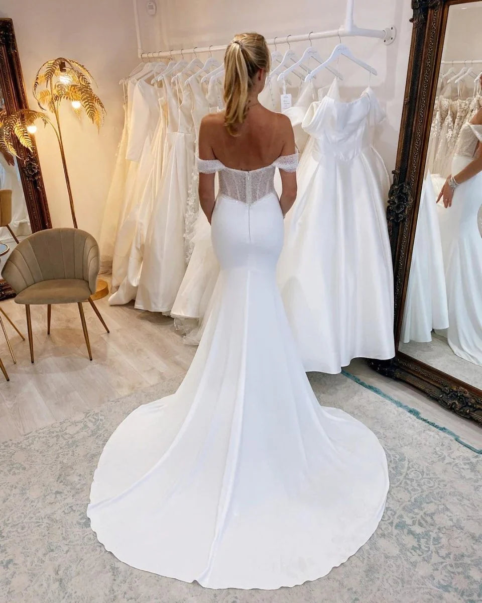 Charming Mermaid Off the Shoulder Satin Long Wedding Dresses with Sequins