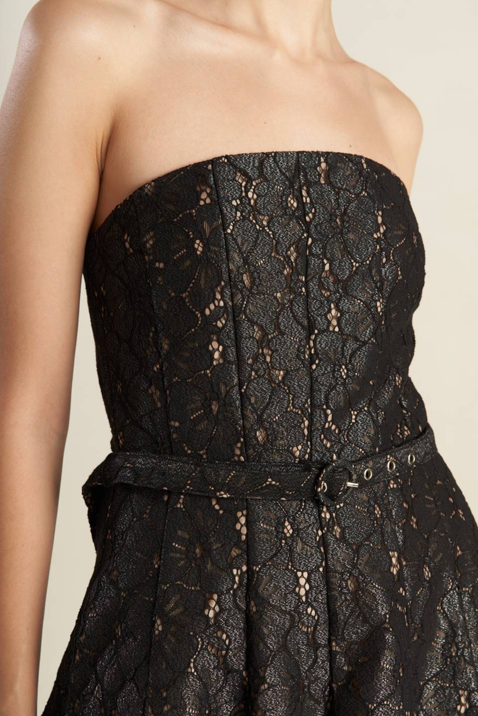 THE TRUTH IS STRAPLESS BLACK LACE MIDI DRESS