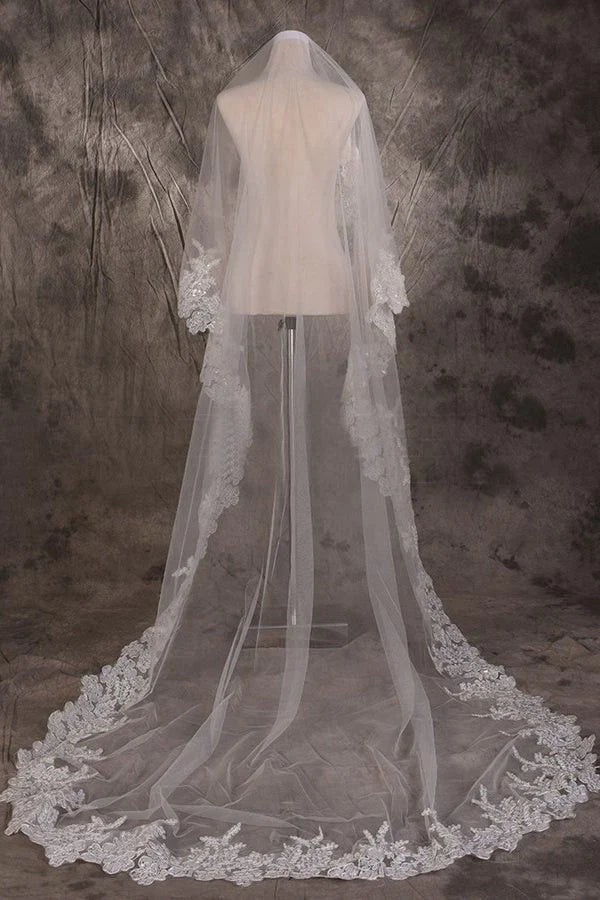 Vintage One Tier Lace Edge With Tulle Wedding Veil