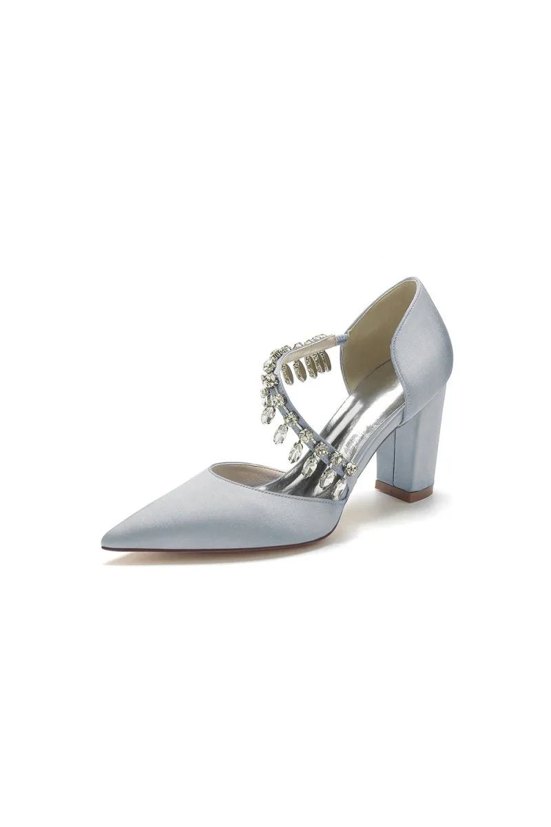 Pointed Toe Rhinestone Tassel Strappy Chunky Heels