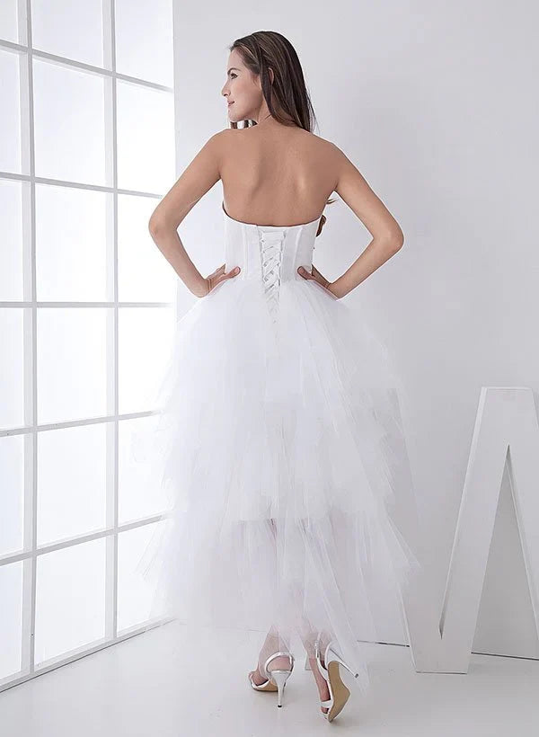 White Classic Strapless Satin High Low Wedding Dress