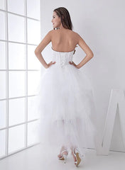 White Classic Strapless Satin High Low Wedding Dress