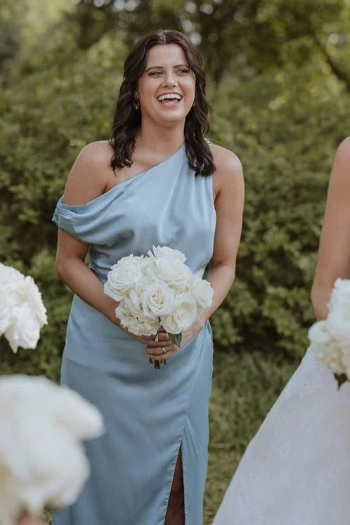 Mermaid Satin One Shoulder Bridesmaid Dress with Slit
