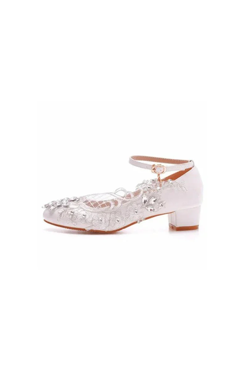 Round Toe Lace Rhinestones Ankle Strap Chunky Heel Wedding Shoes