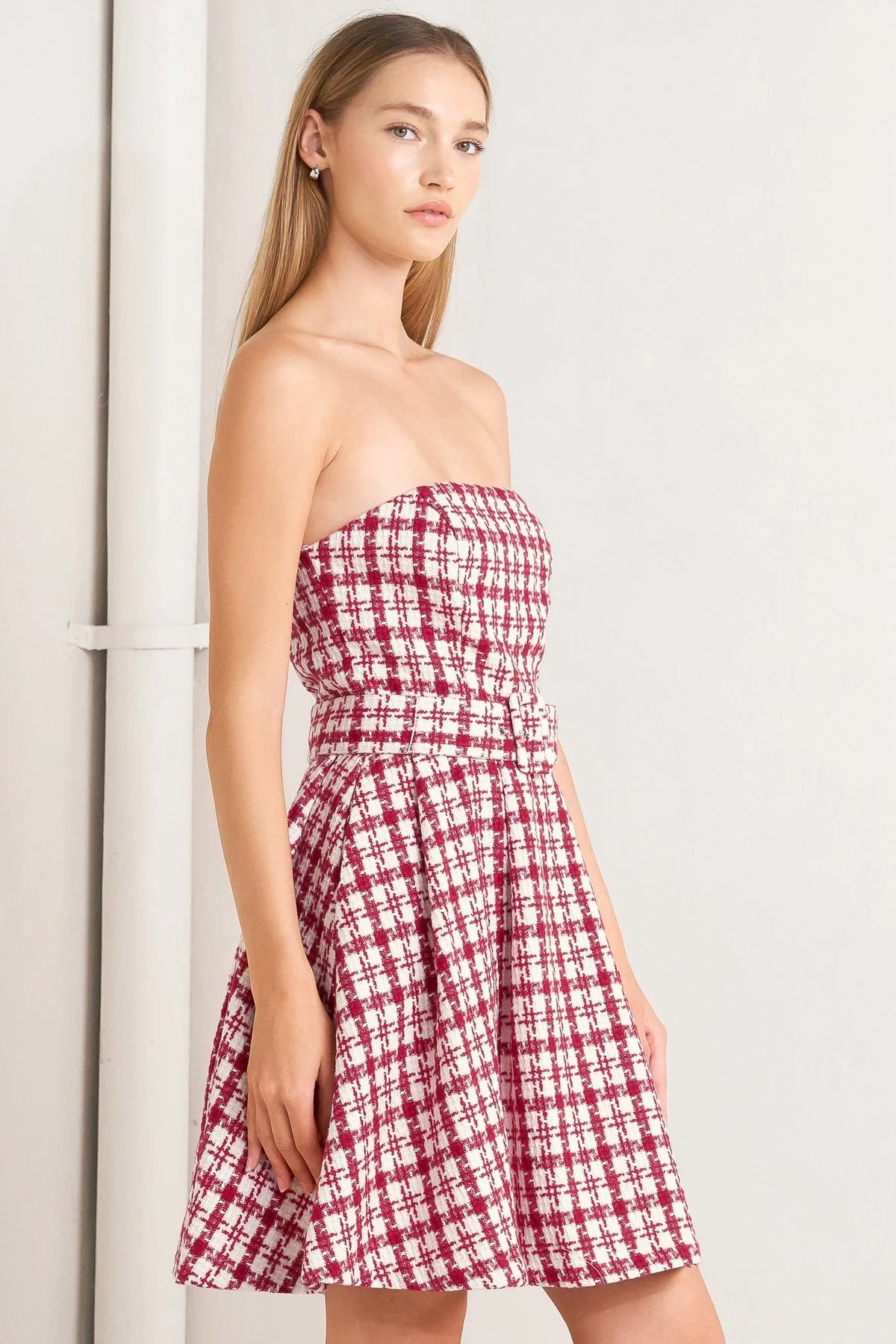 RED CHECK TWEED MINI DRESS