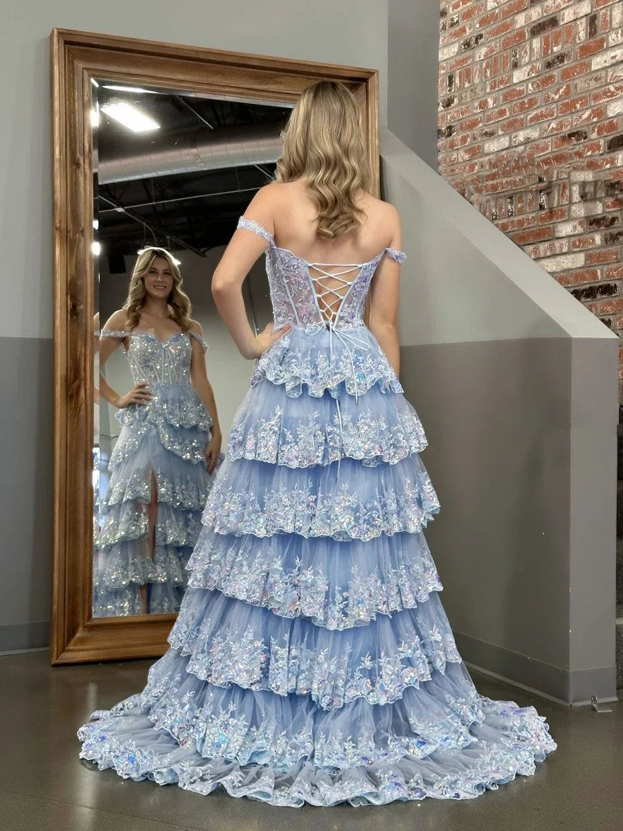 Blue Crystal Sequins Princess A Line Off the Shoulder Prom Dress with Lace Ruffles