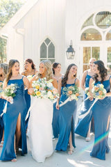Simple Mermaid Spaghetti Straps Blue Long Bridesmaid Dresses with Bow Back