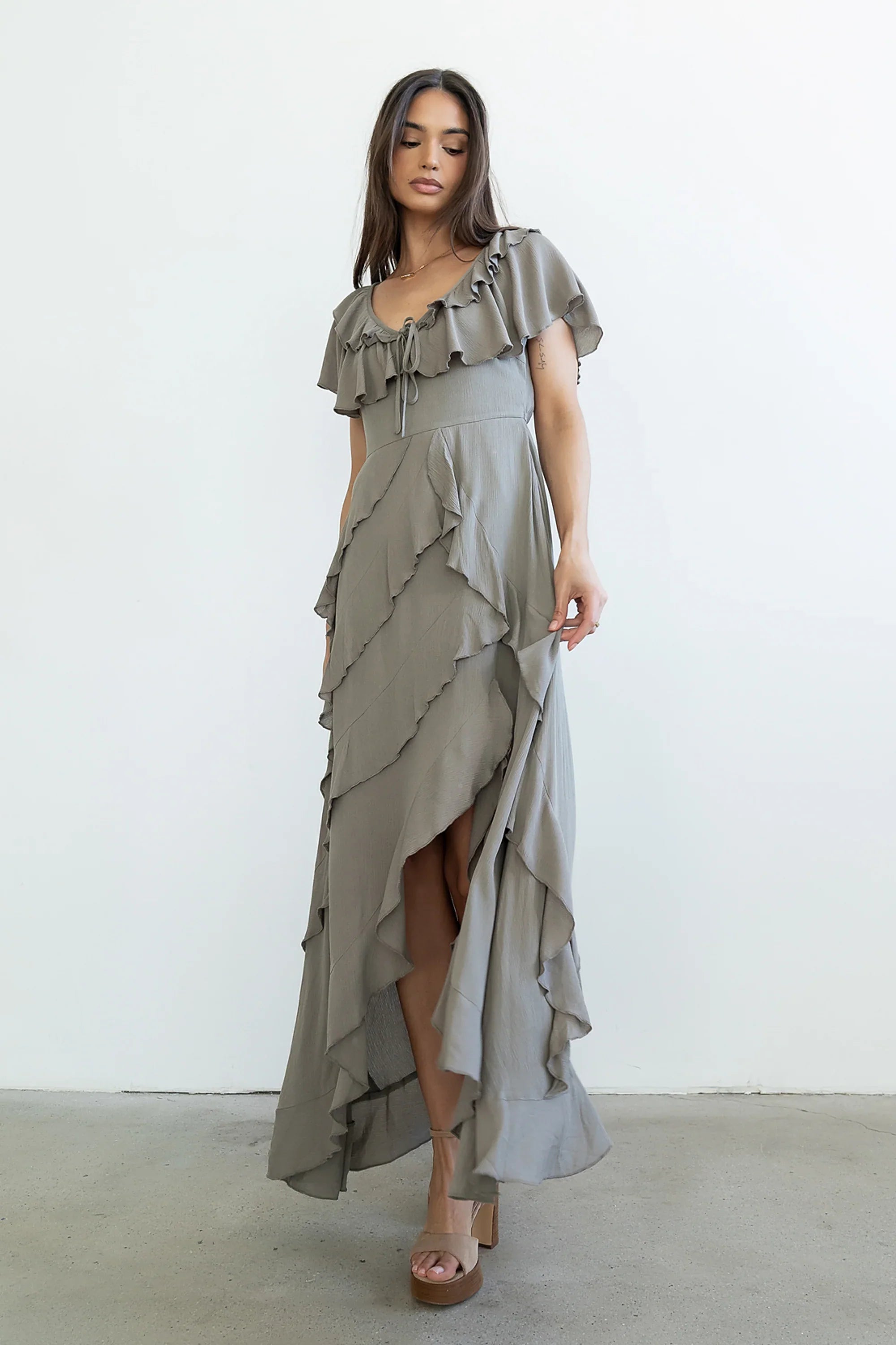 Kora Ruffle Maxi Dress in Olive