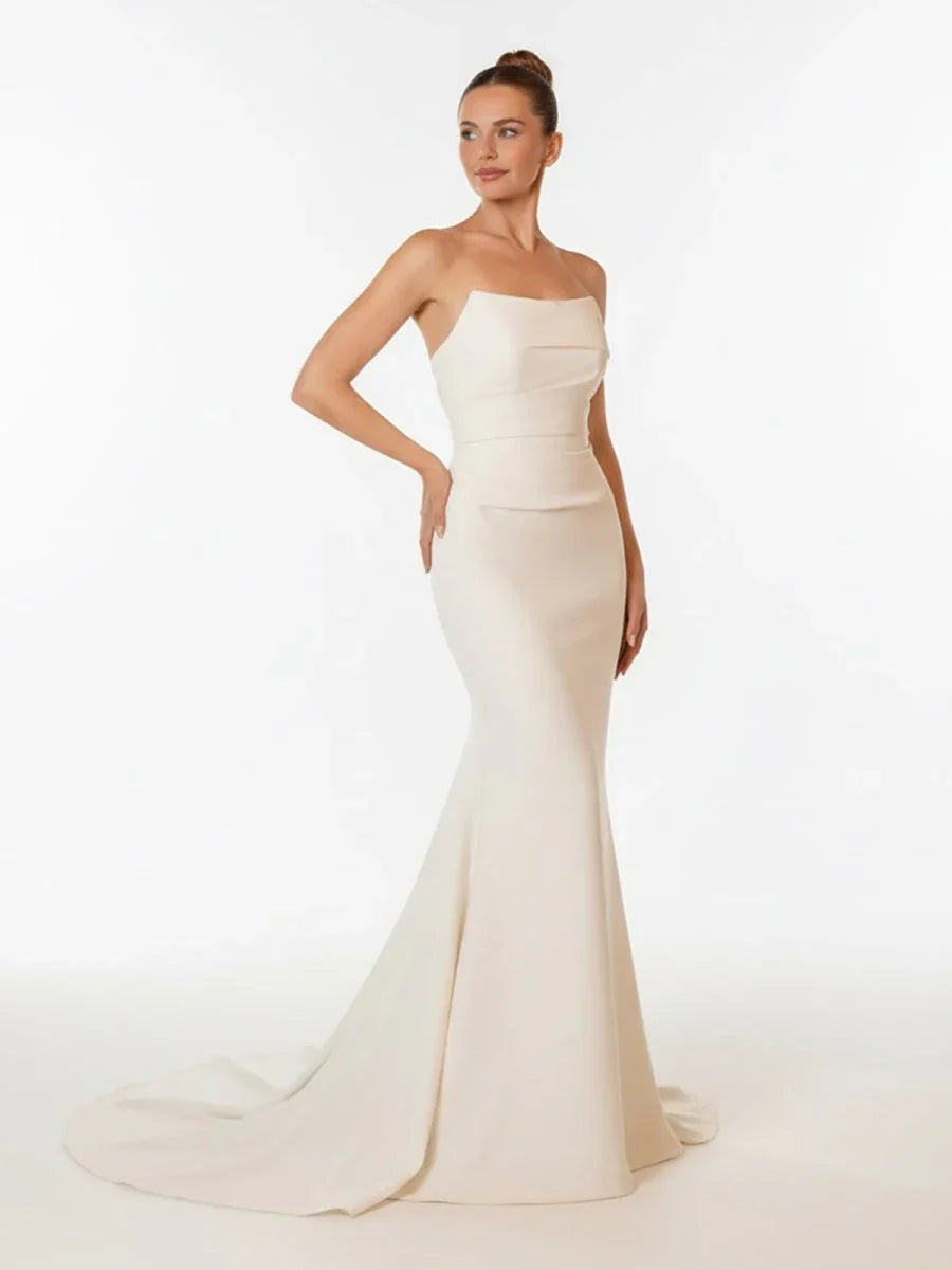 Elegant Mermaid Strapless Elastic Satin Wedding Dresses with Train