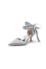 Pointed Toe Ribbons Kitten Heels With Diamond